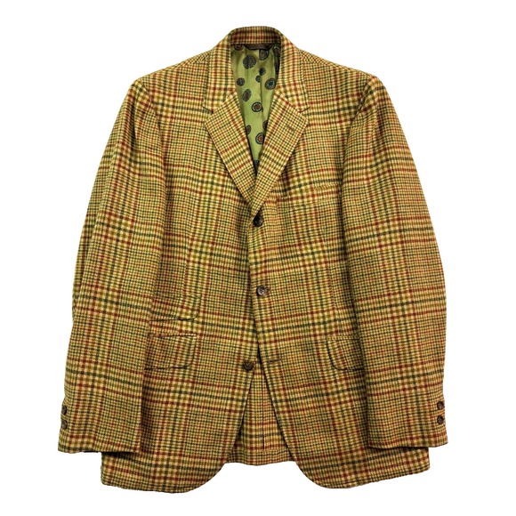 vtg 70s Tan Brown Plaid Tweed Blazer Jacket Sport Suit Coat USA 100% Wool Retro